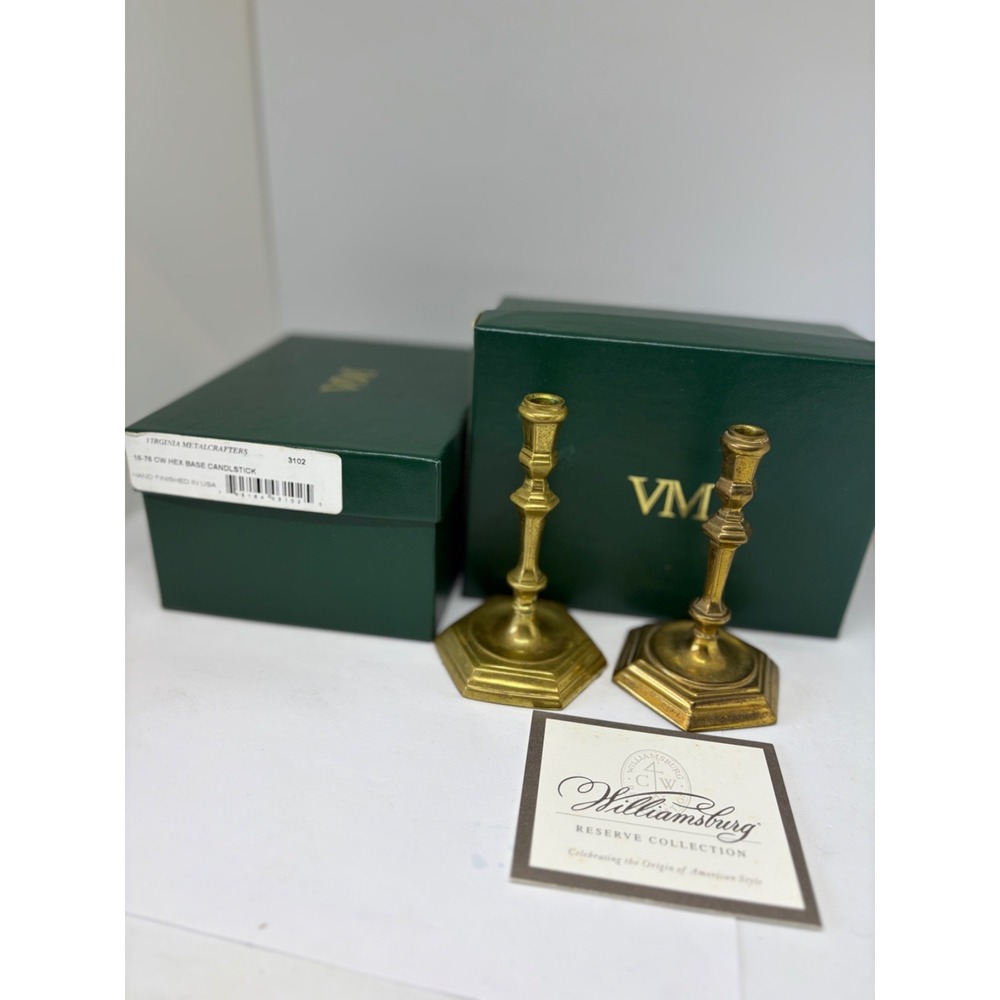 2 VIRGINIA METALCRAFTERS Colonial Williamsburg Brass Candle Holders 5" 3102 Hex